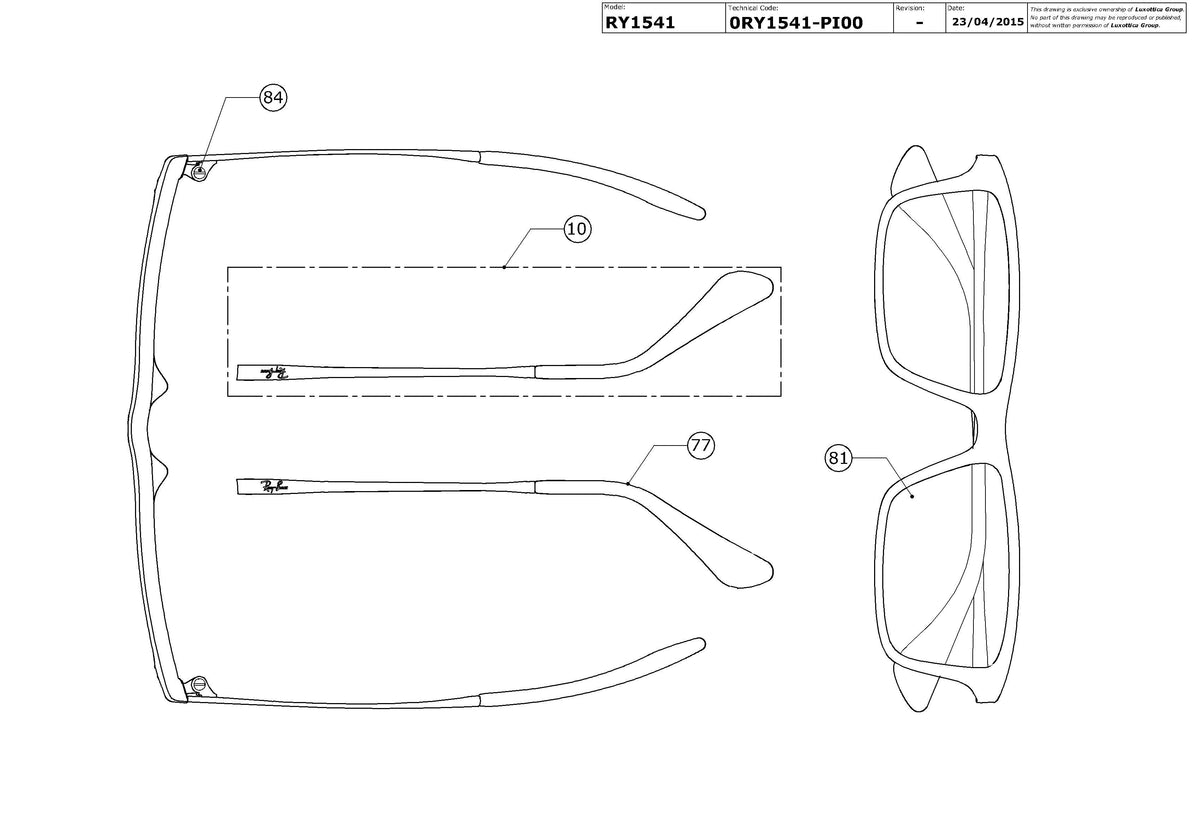 Exploded technical drawing of the Ray-Ban Junior RY1541 Glasses Replacement Parts, with each replacement part numbered