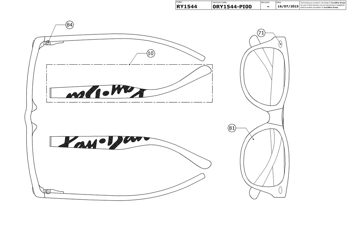 Exploded technical drawing of the Ray-Ban Junior RY1544 Glasses Replacement Parts, with each replacement part numbered