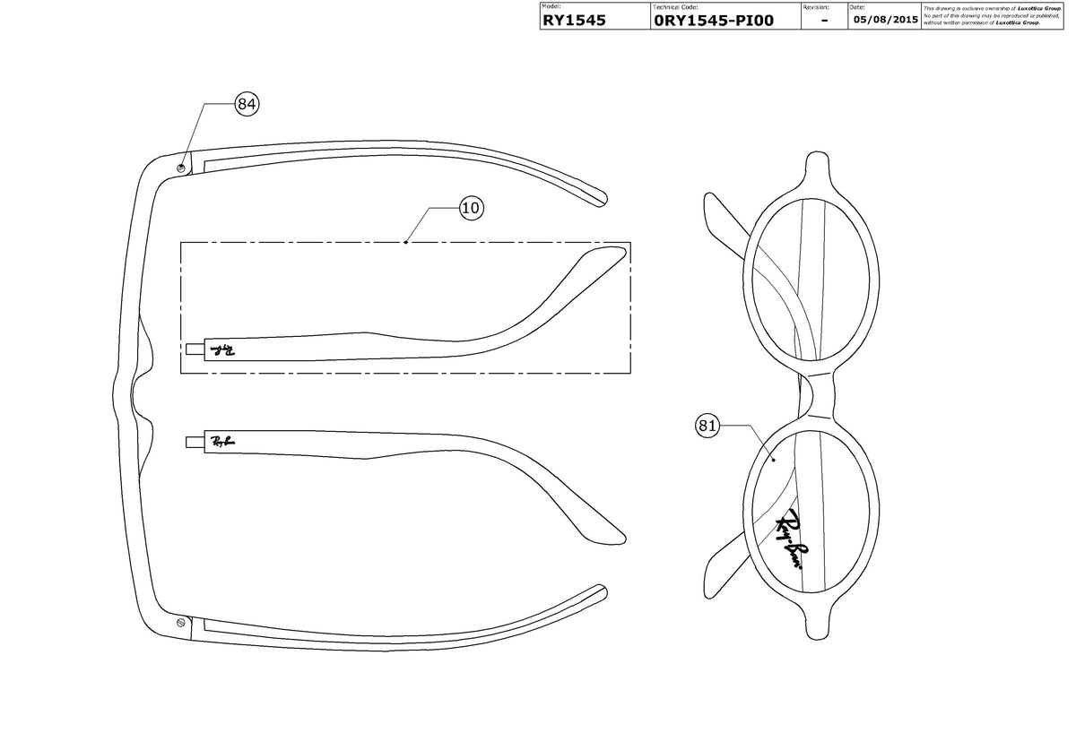 Enlarged technical drawing of the Ray-Ban Junior RY1545 Glasses Replacement Parts