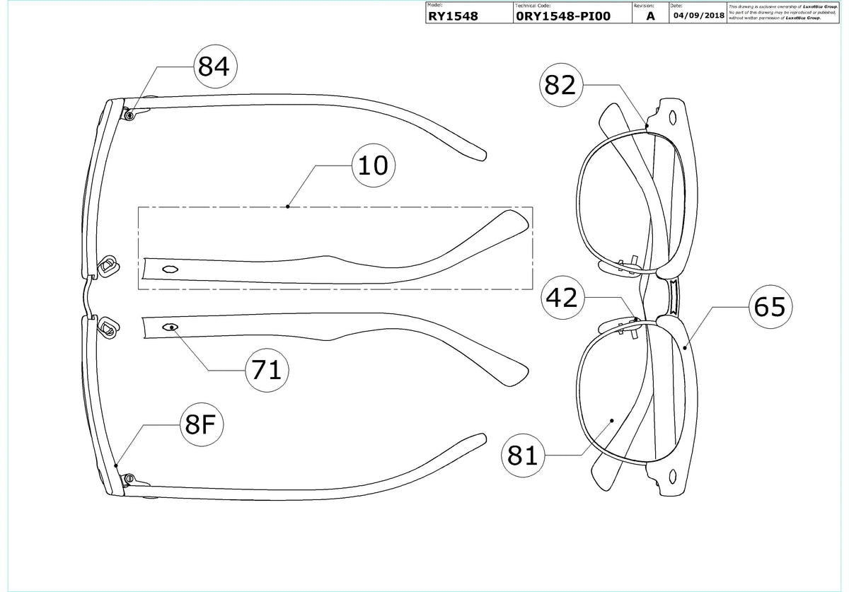 Exploded technical drawing of the Ray-Ban Junior RY1548 Glasses Replacement Parts, with each replacement part numbered