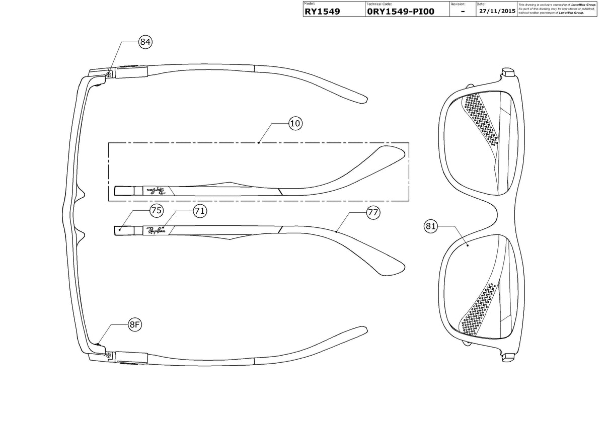 Exploded technical drawing of the Ray-Ban Junior RY1549 Glasses Replacement Parts, with each replacement part numbered