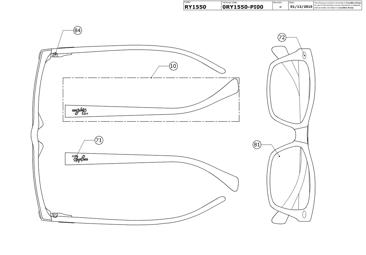 Exploded technical drawing of the Ray-Ban Junior RY1550 Glasses Replacement Parts, with each replacement part numbered