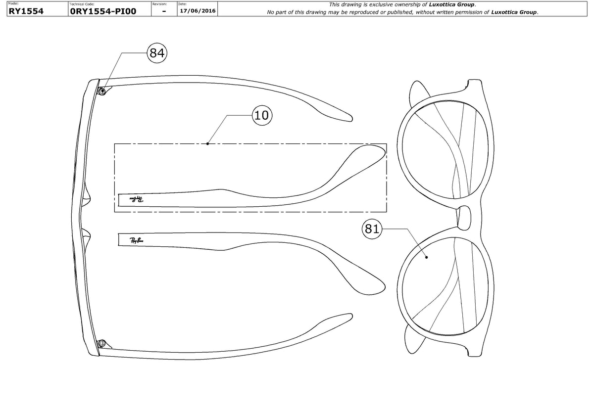 Exploded technical drawing of the Ray-Ban Junior RY1554 Glasses Replacement Parts, with each replacement part numbered
