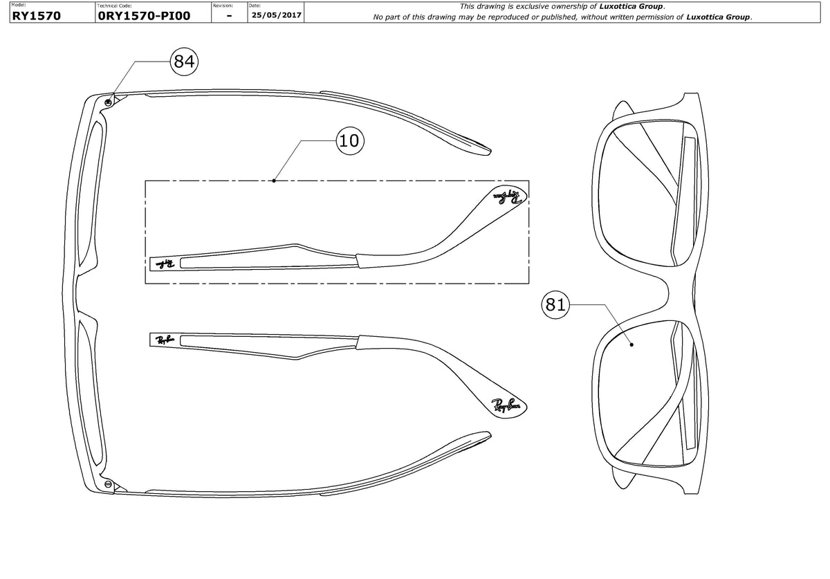 Enlarged technical drawing of the Ray-Ban Junior RY1570 Glasses Replacement Parts