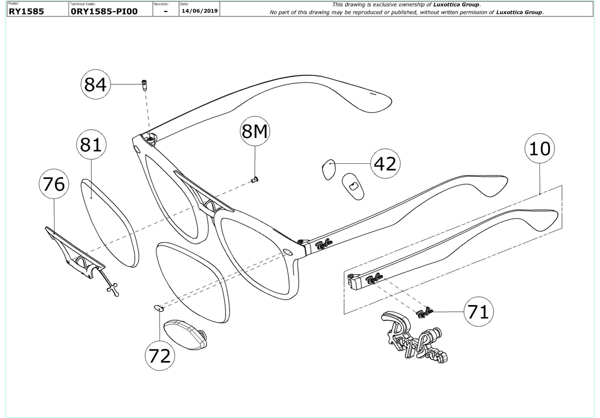 Exploded technical drawing of the Ray-Ban Junior RY1585 Glasses Replacement Parts, with each replacement part numbered