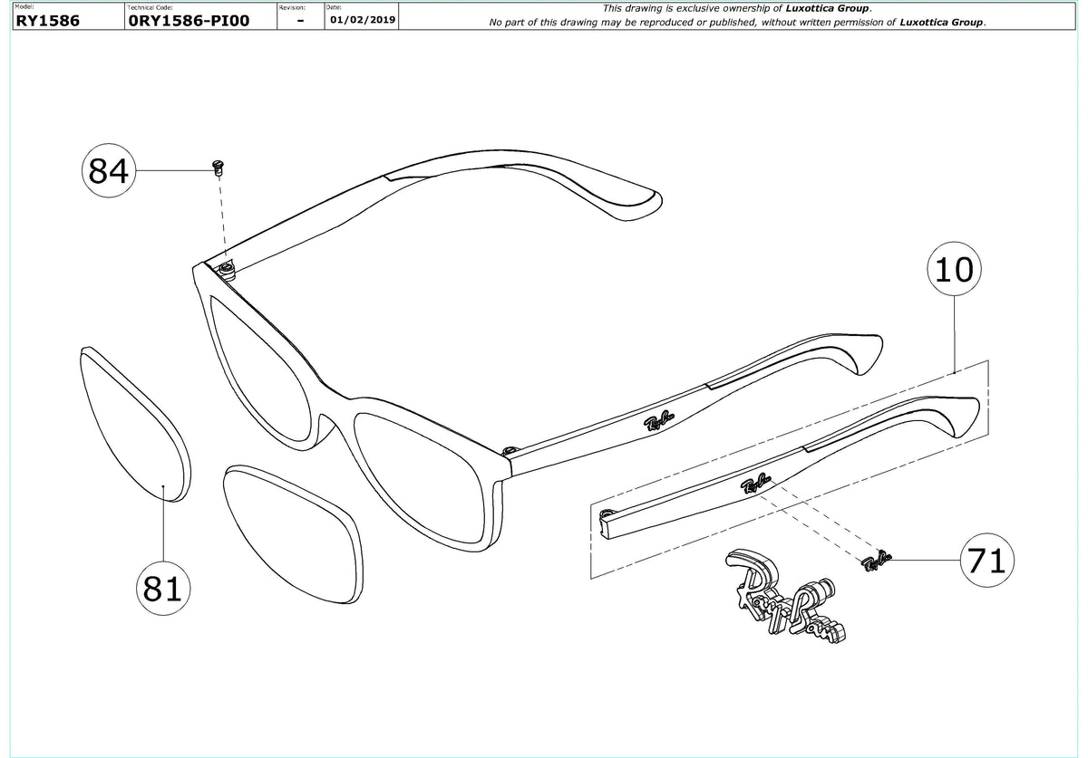 Exploded technical drawing of the Ray-Ban Junior RY1586 Glasses Replacement Parts, with each replacement part numbered