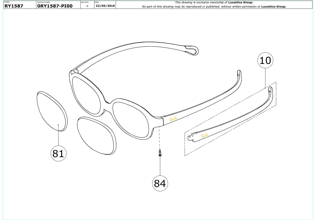 Exploded technical drawing of the Ray-Ban Junior RY1587 Glasses Replacement Parts, with each replacement part numbered