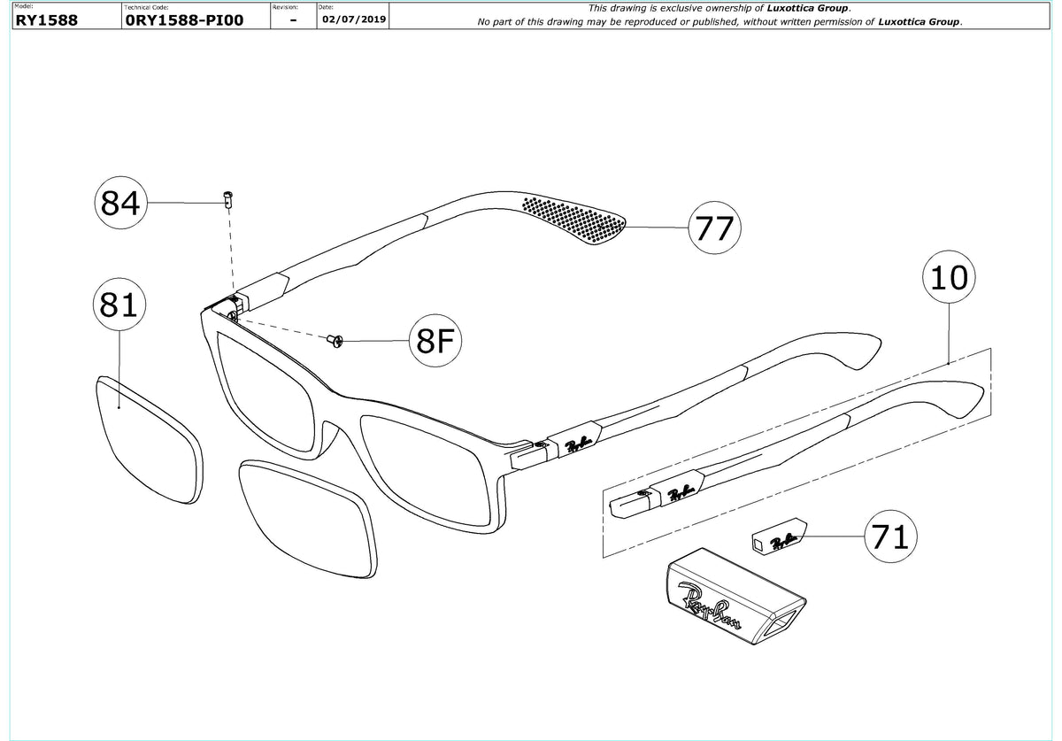 Enlarged technical drawing of the Ray-Ban Junior RY1588 Glasses Replacement Parts