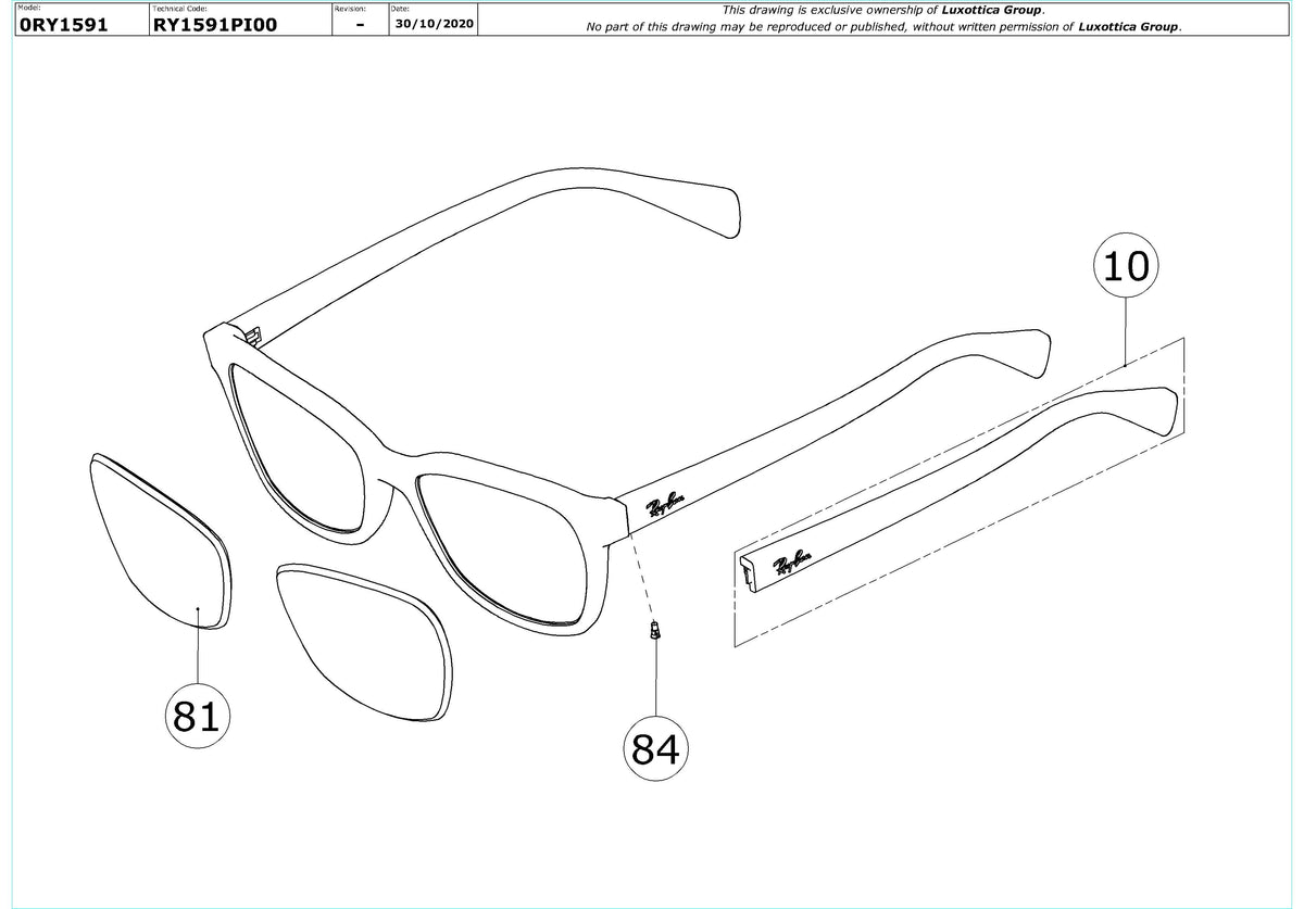 Enlarged technical drawing of the Ray-Ban Junior RY1591 Glasses Replacement Parts