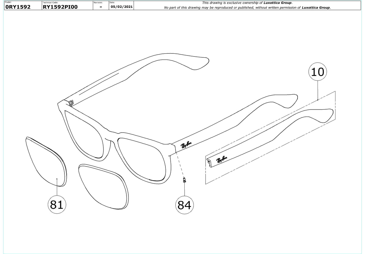 Enlarged technical drawing of the Ray-Ban Junior RY1592 Glasses Replacement Parts