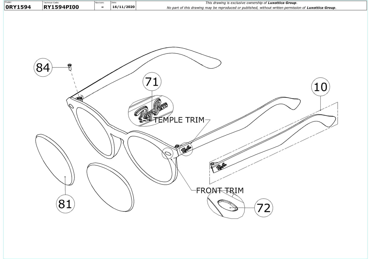 Exploded technical drawing of the Ray-Ban Junior RY1594 Glasses Replacement Parts, with each replacement part numbered