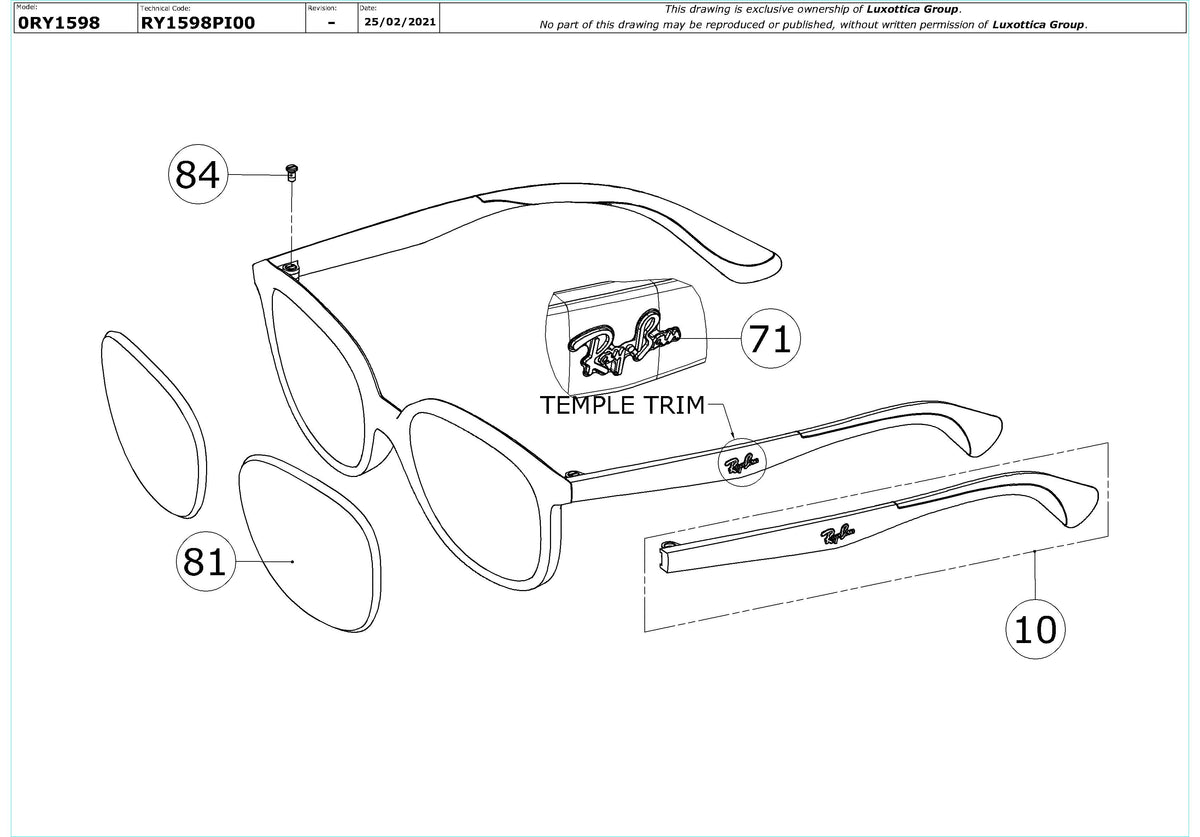 Enlarged technical drawing of the Ray-Ban Junior RY1598 Glasses Replacement Parts