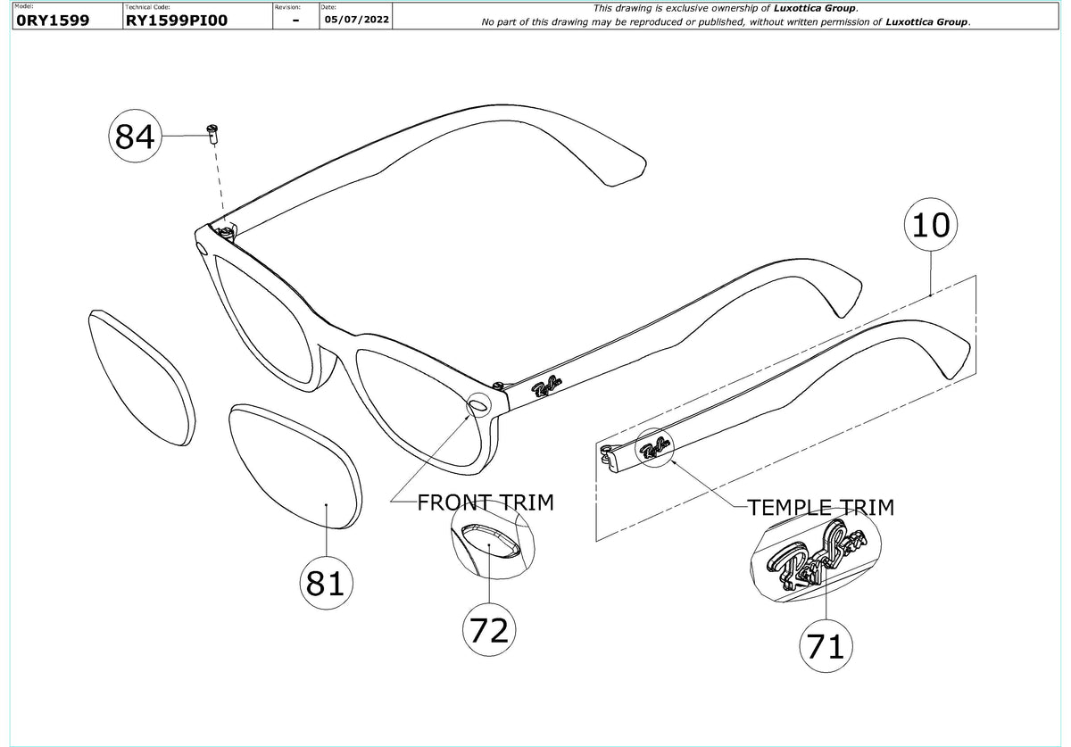 Enlarged technical drawing of the Ray-Ban Junior RY1599 Glasses Replacement Parts