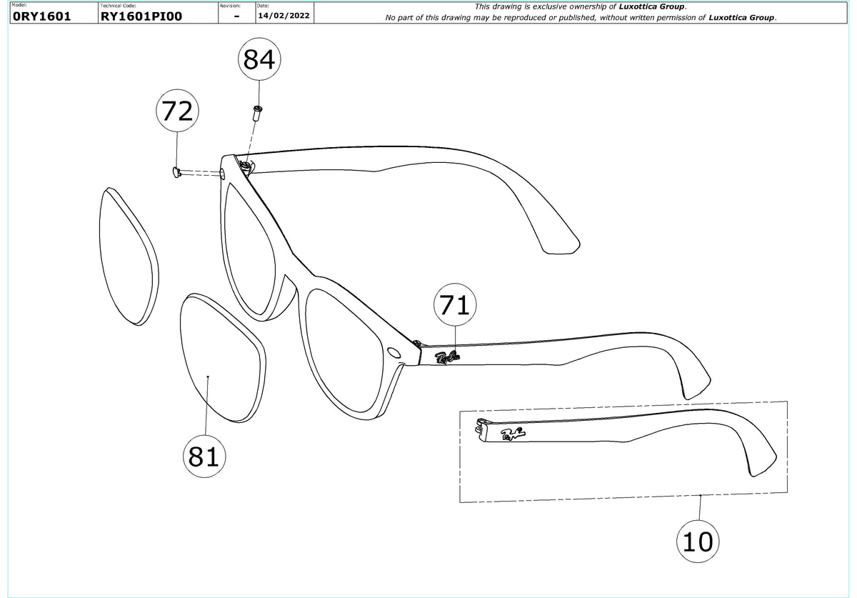 Enlarged technical drawing of the Ray-Ban Junior RY1601 Glasses Replacement Parts