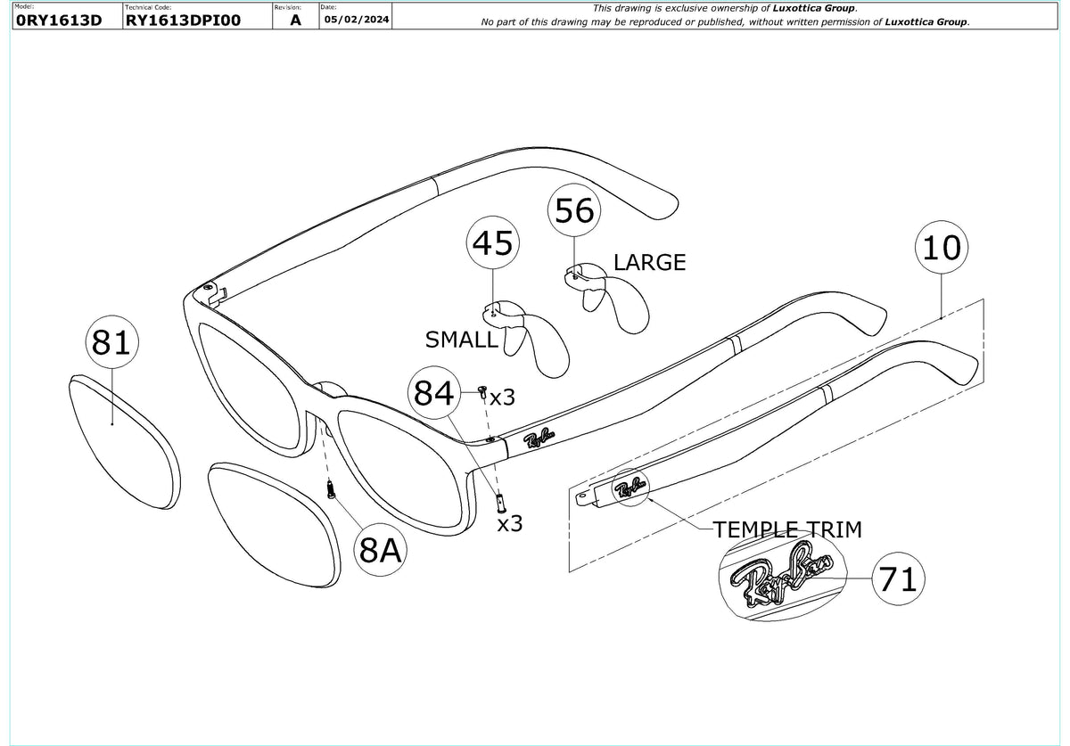 Enlarged technical drawing of the Ray-Ban Junior RY1613D Glasses Replacement Parts