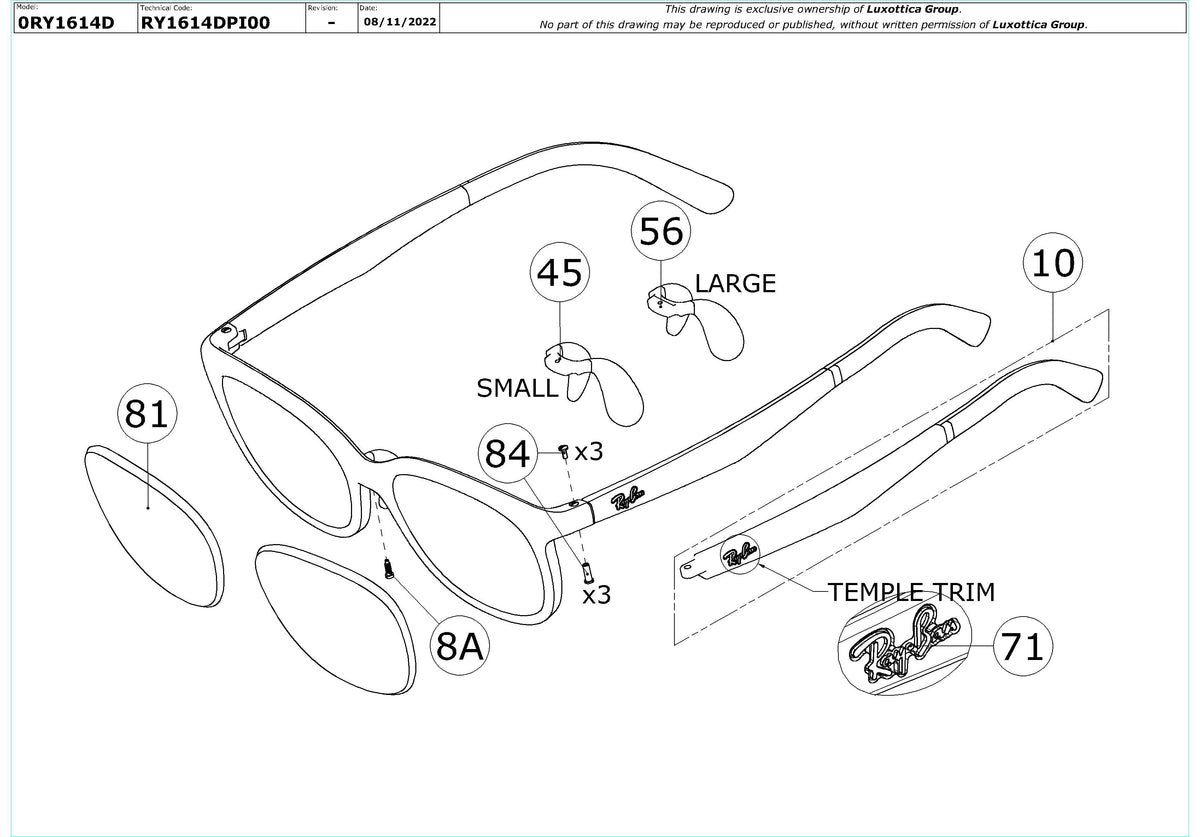 Enlarged technical drawing of the Ray-Ban Junior RY1614D Glasses Replacement Parts