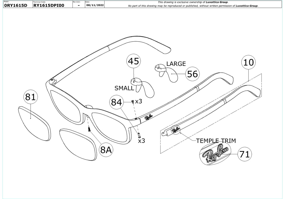 Enlarged technical drawing of the Ray-Ban Junior RY1615D Glasses Replacement Parts