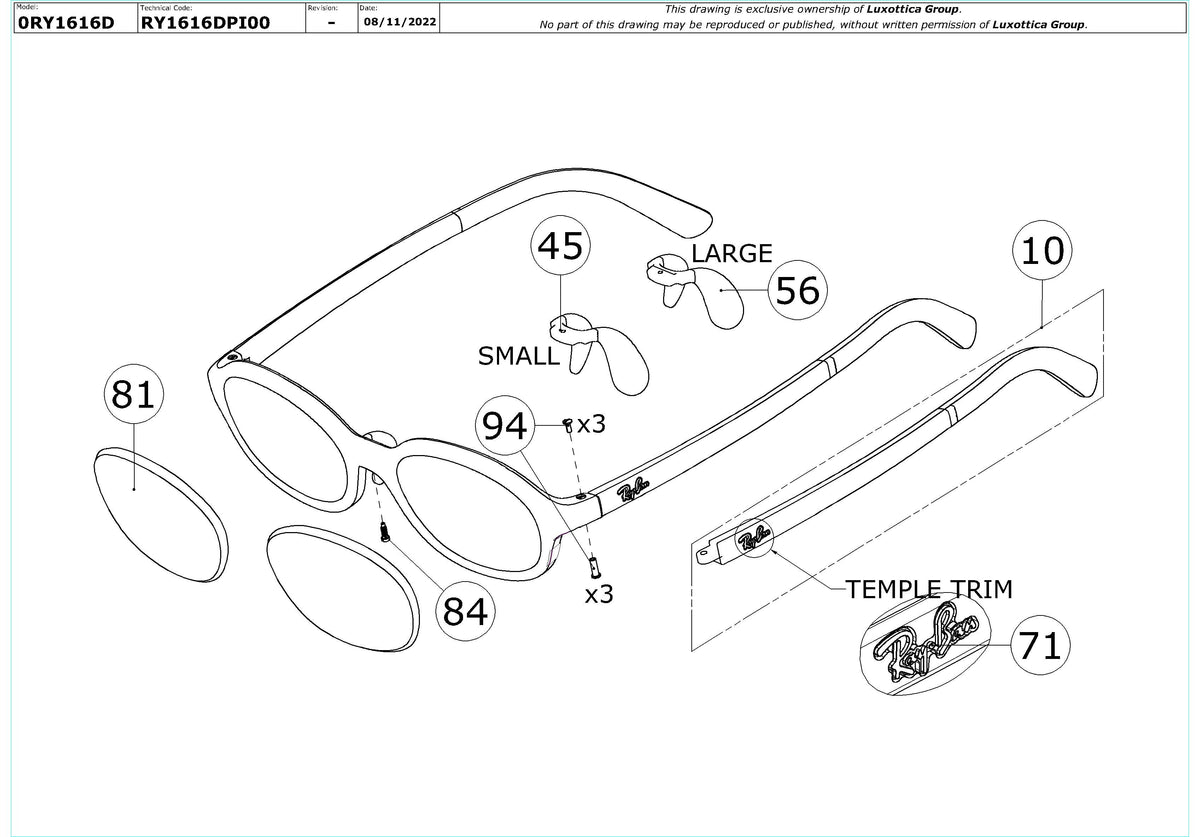 Enlarged technical drawing of the Ray-Ban Junior RY1616D Glasses Replacement Parts