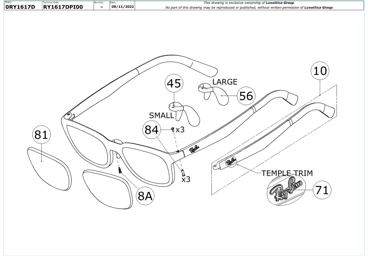 Enlarged technical drawing of the Ray-Ban Junior RY1617D Glasses Replacement Parts