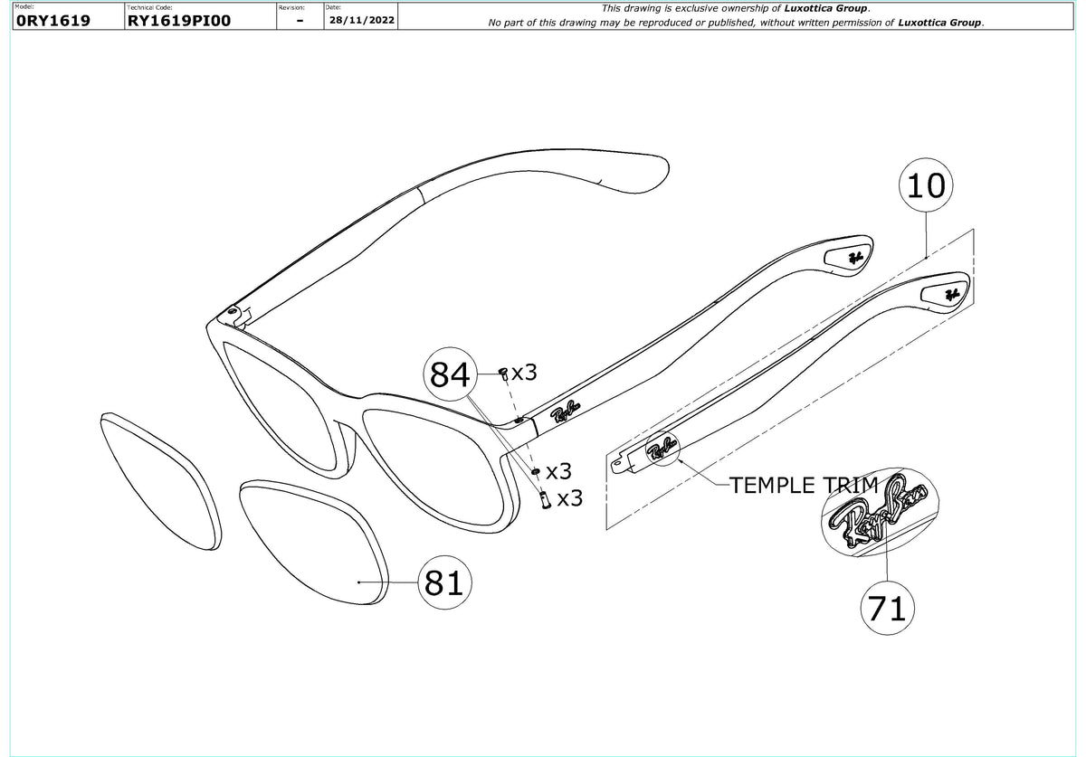 Enlarged technical drawing of the Ray-Ban Junior RY1619 Glasses Replacement Parts