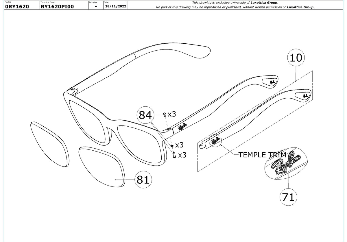Enlarged technical drawing of the Ray-Ban Junior RY1620 Glasses Replacement Parts