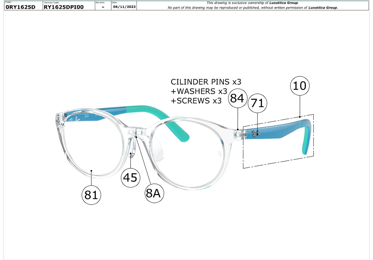 Exploded technical drawing of the Ray-Ban Junior RY1625D Glasses Replacement Parts, with each replacement part numbered