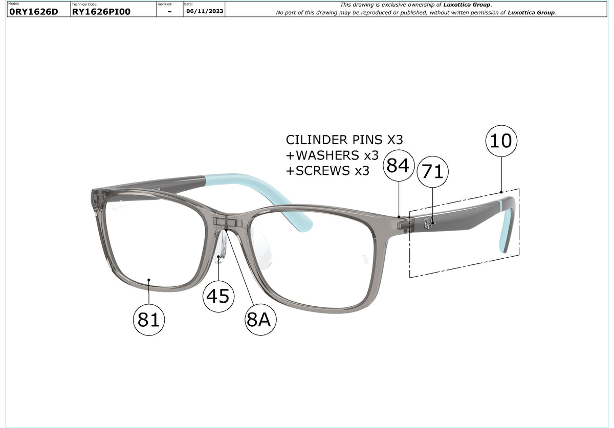 Enlarged technical drawing of the Ray-Ban Junior RY1626D Glasses Replacement Parts