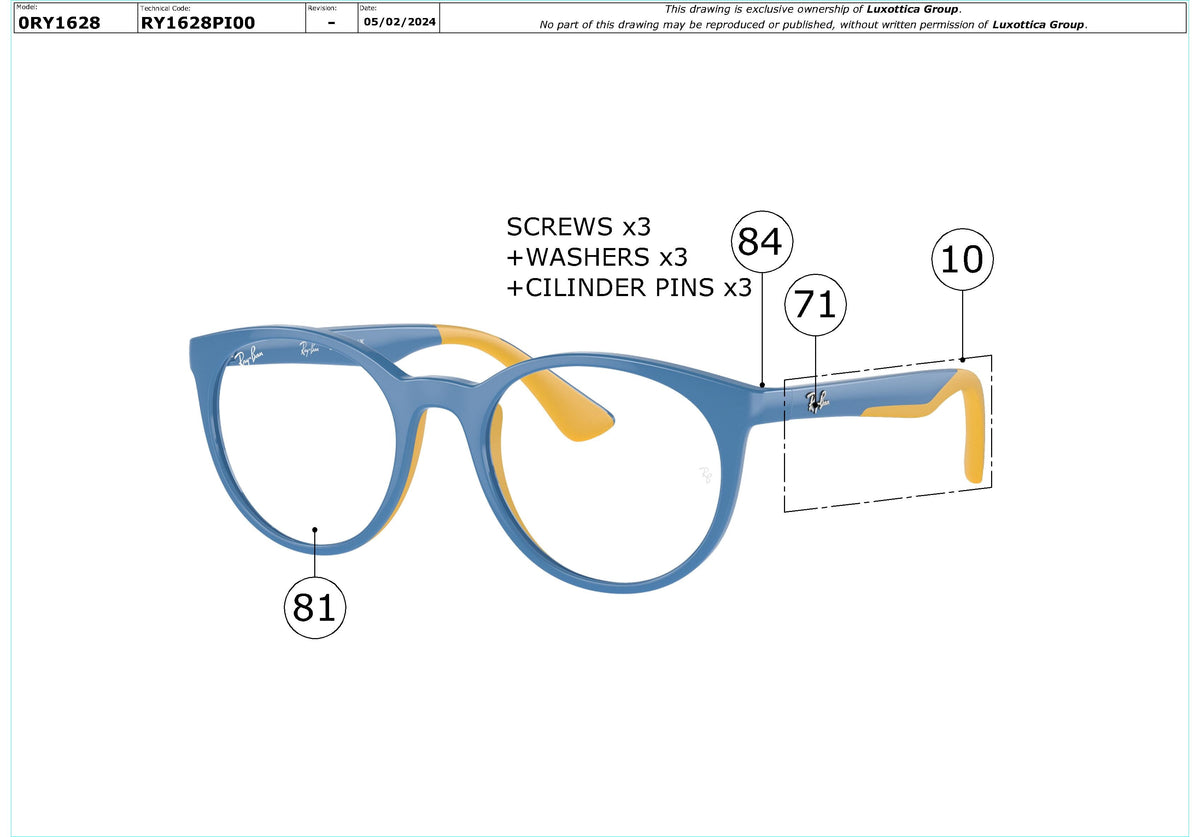 Exploded technical drawing of the Ray-Ban Junior RY1628 Glasses Replacement Parts, with each replacement part numbered