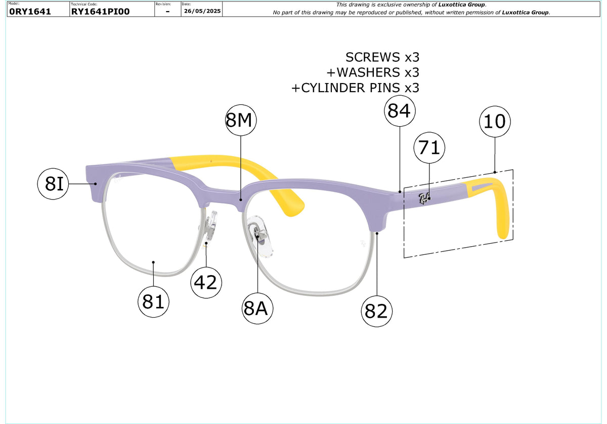 Exploded technical drawing of the Ray-Ban Junior RY1641 Glasses Replacement Parts, with each replacement part numbered
