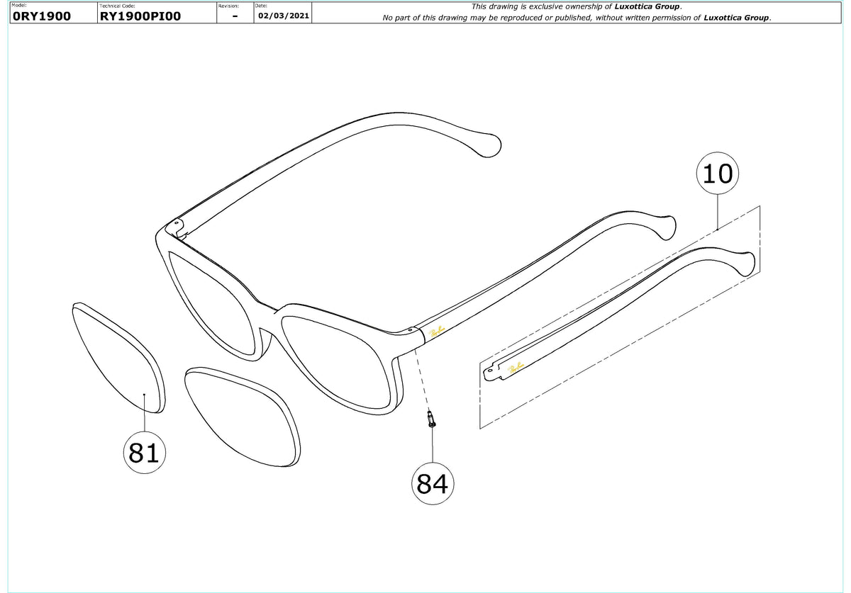 Enlarged technical drawing of the Ray-Ban Junior RY1900 Glasses Replacement Parts