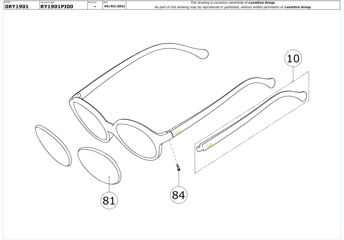 Enlarged technical drawing of the Ray-Ban Junior RY1901 Glasses Replacement Parts