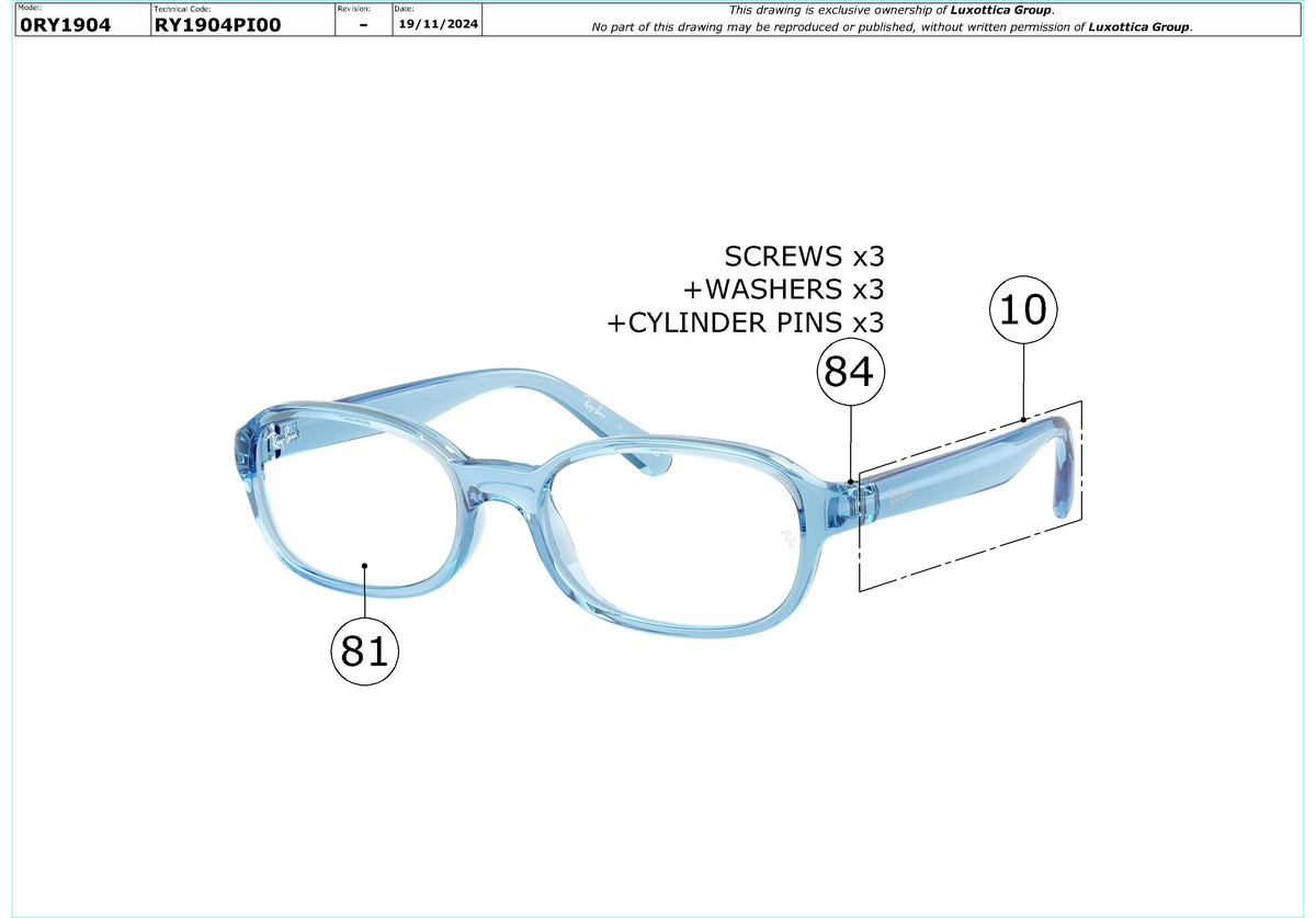 Exploded technical drawing of the Ray-Ban Junior RY1904 Glasses Replacement Parts, with each replacement part numbered
