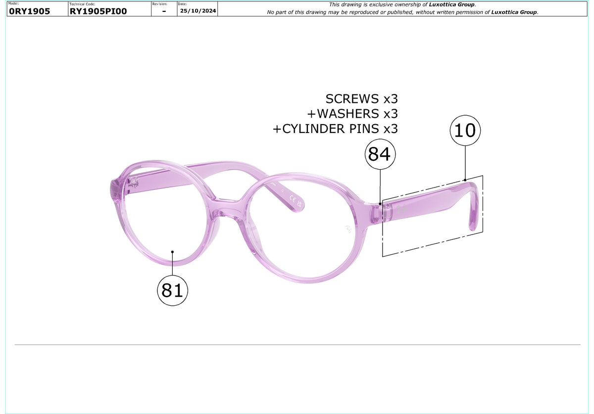 Exploded technical drawing of the Ray-Ban Junior RY1905 Glasses Replacement Parts, with each replacement part numbered