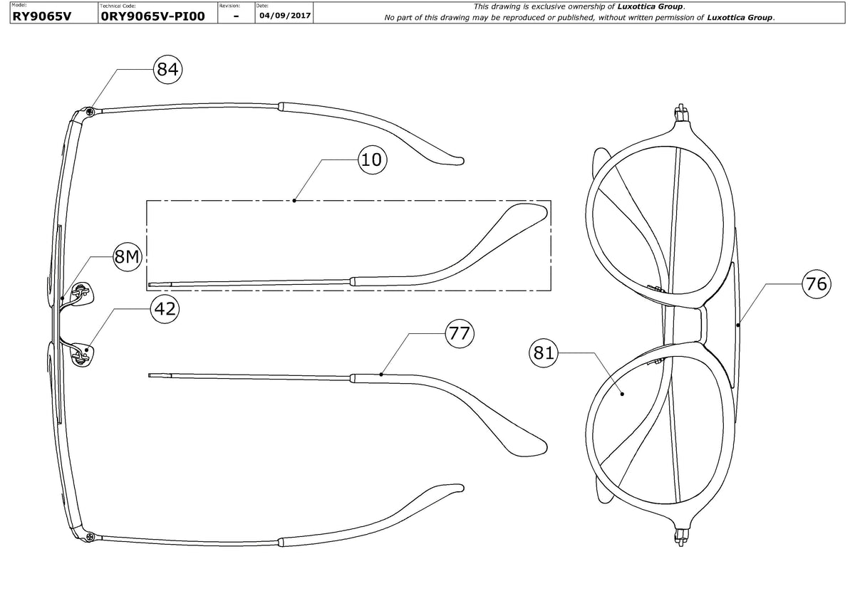 Exploded technical drawing of the Ray-Ban Junior RY9065V Glasses Replacement Parts, with each replacement part numbered