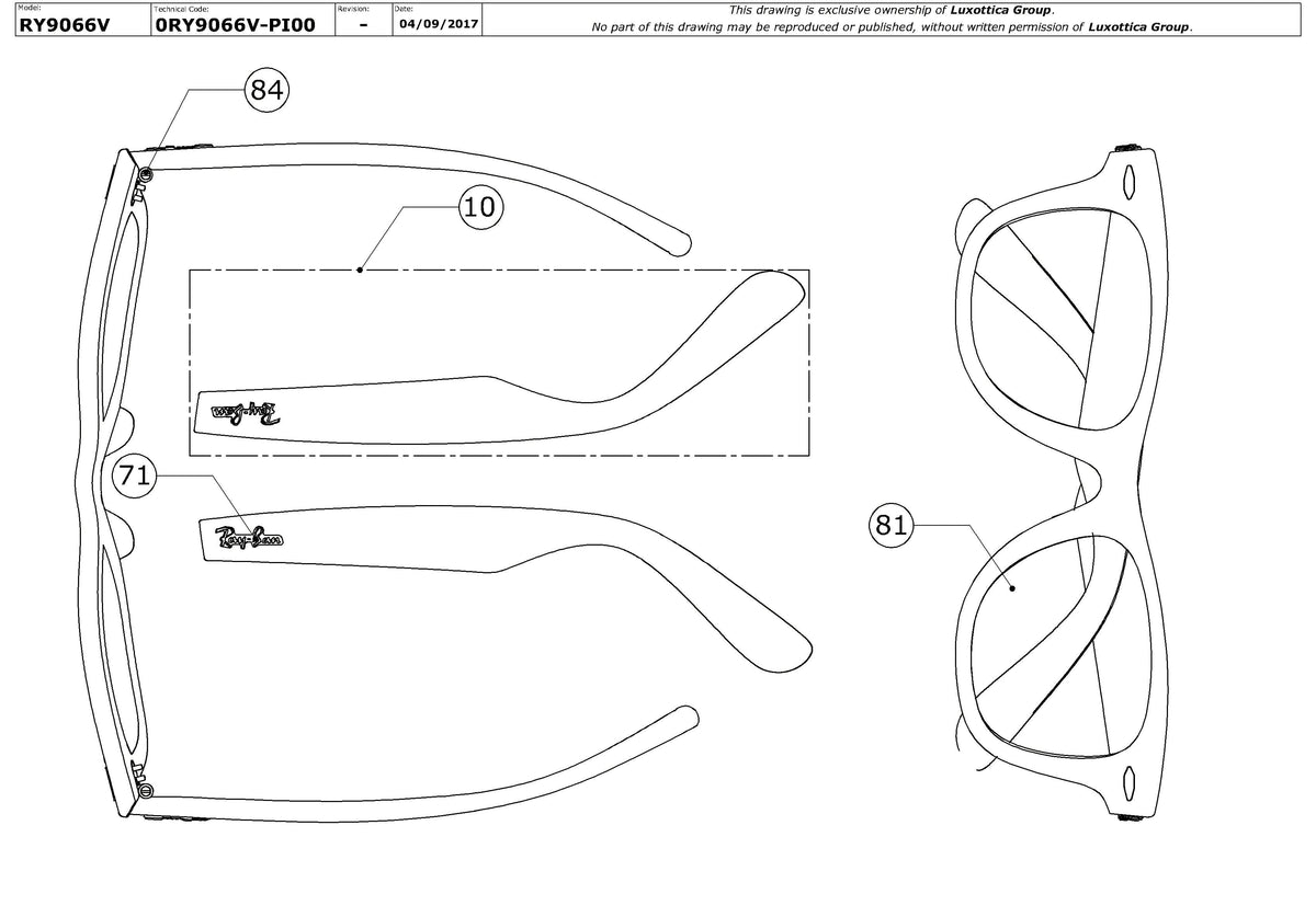 Exploded technical drawing of the Ray-Ban Junior Wayfarer RY9066V Glasses Replacement Parts, with each replacement part numbered