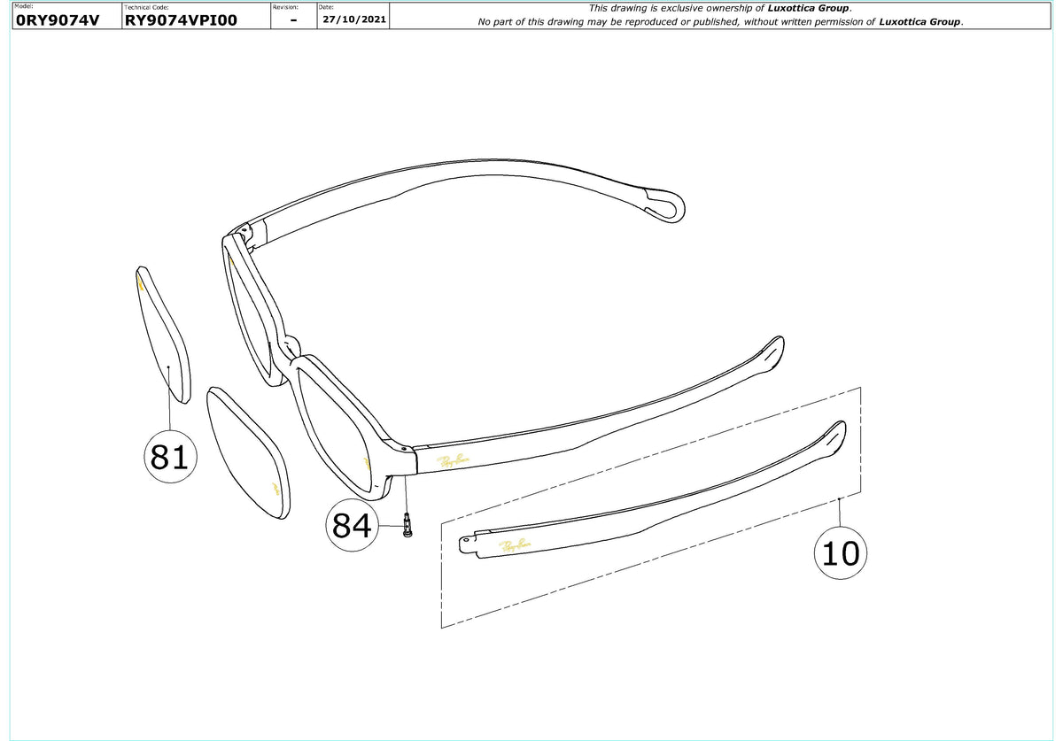 Exploded technical drawing of the Ray-Ban Junior RY9074V Glasses Replacement Parts, with each replacement part numbered