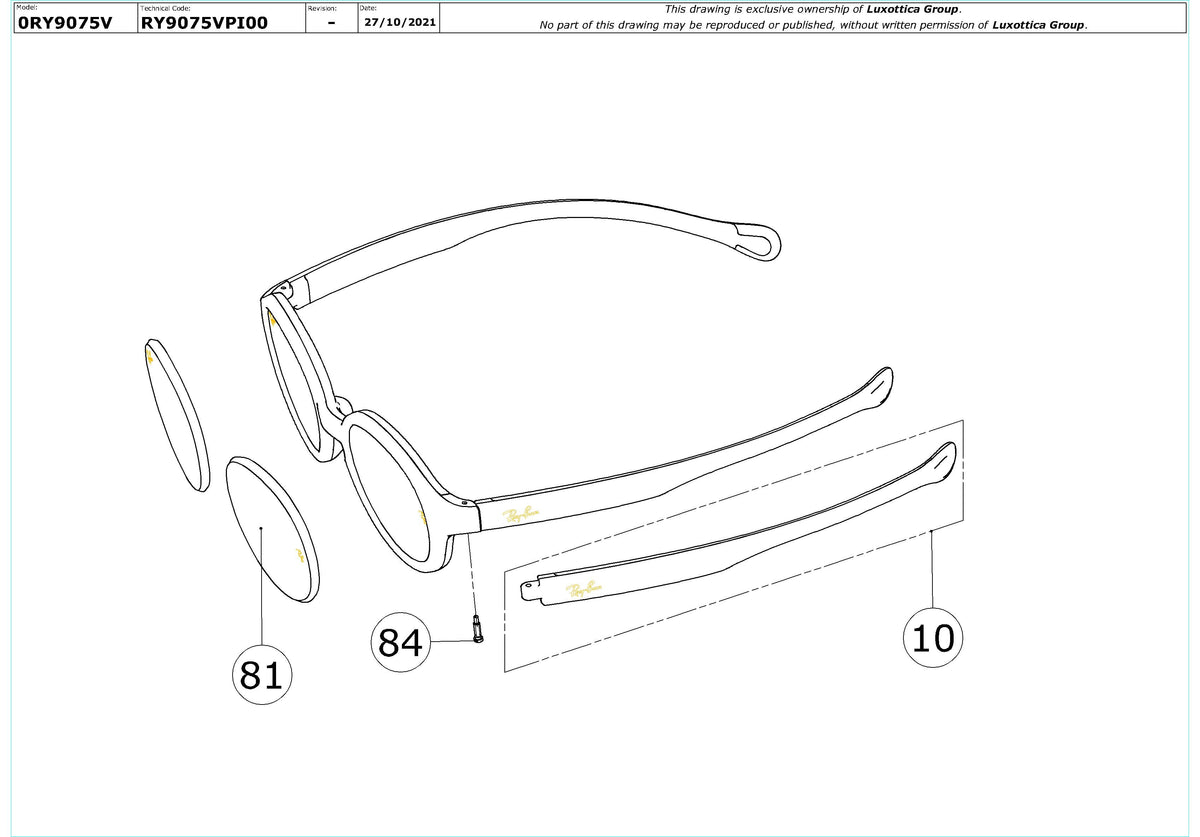 Exploded technical drawing of the Ray-Ban Junior RY9075V Glasses Replacement Parts, with each replacement part numbered