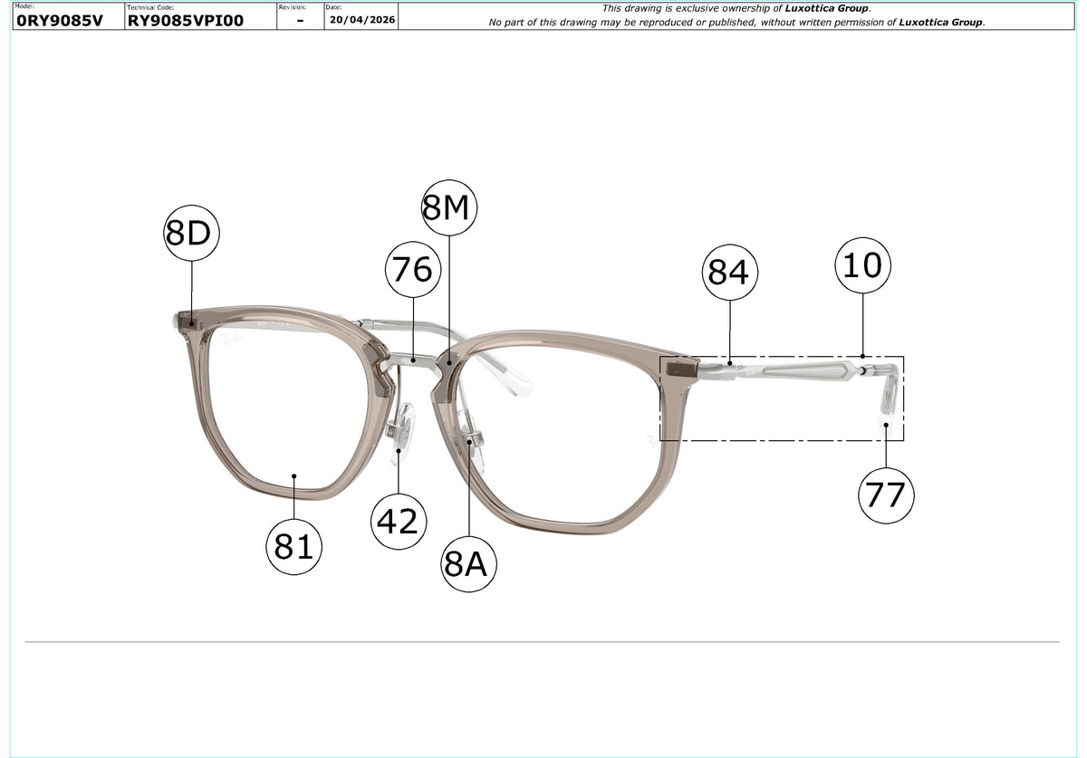 Exploded technical drawing of the Ray-Ban Junior RY9085V Glasses Replacement Parts, with each replacement part numbered