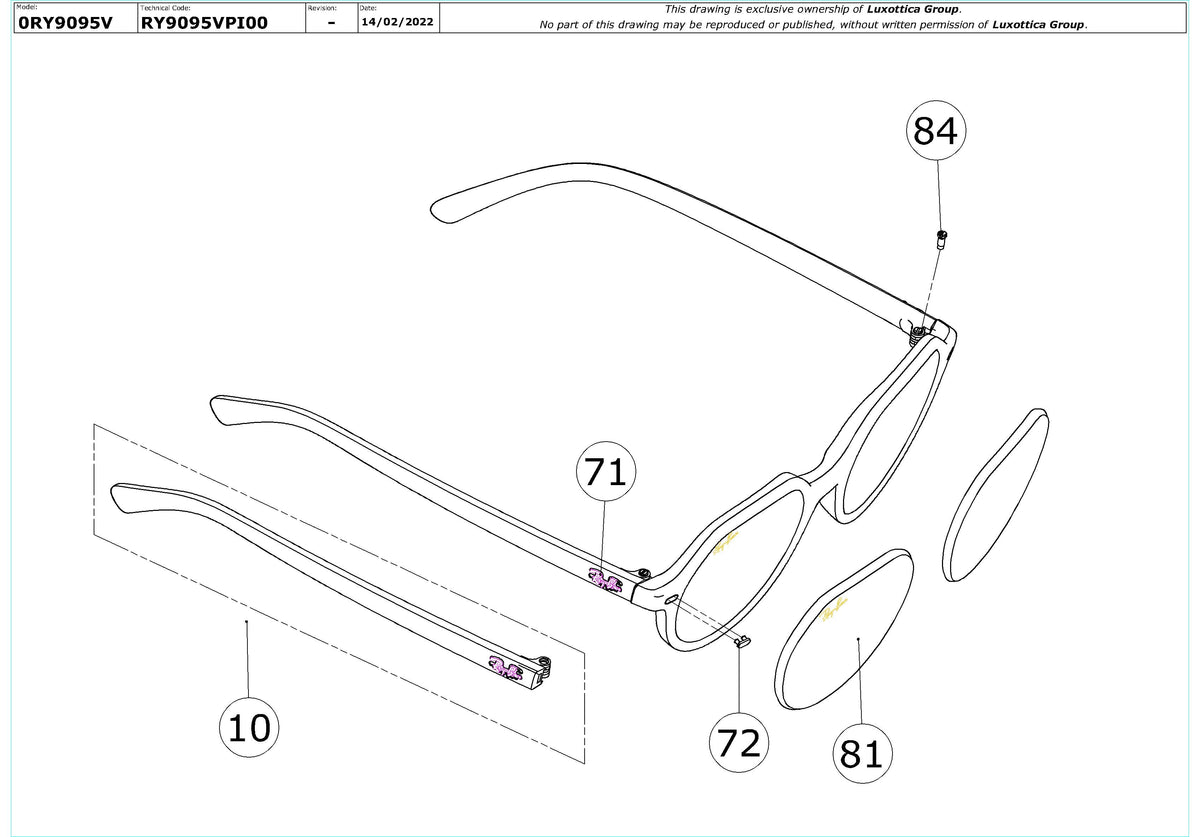 Enlarged technical drawing of the Ray-Ban Junior Thalia RY9095V Glasses Replacement Parts
