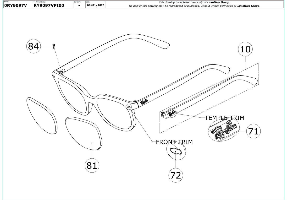 Exploded technical drawing of the Ray-Ban Junior Elliot RY9097V Glasses Replacement Parts, with each replacement part numbered