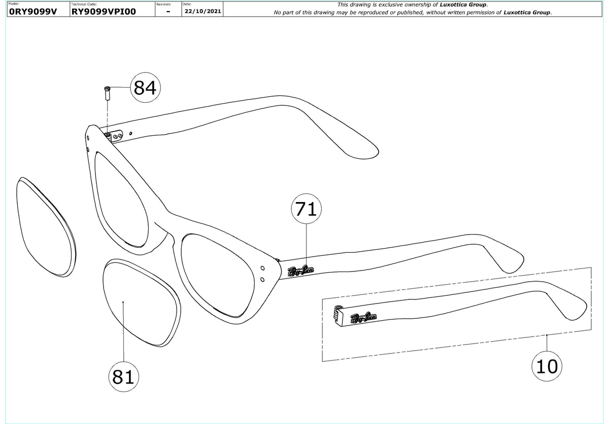 Enlarged technical drawing of the Ray-Ban Miss Burbank RY9099V Glasses Replacement Parts