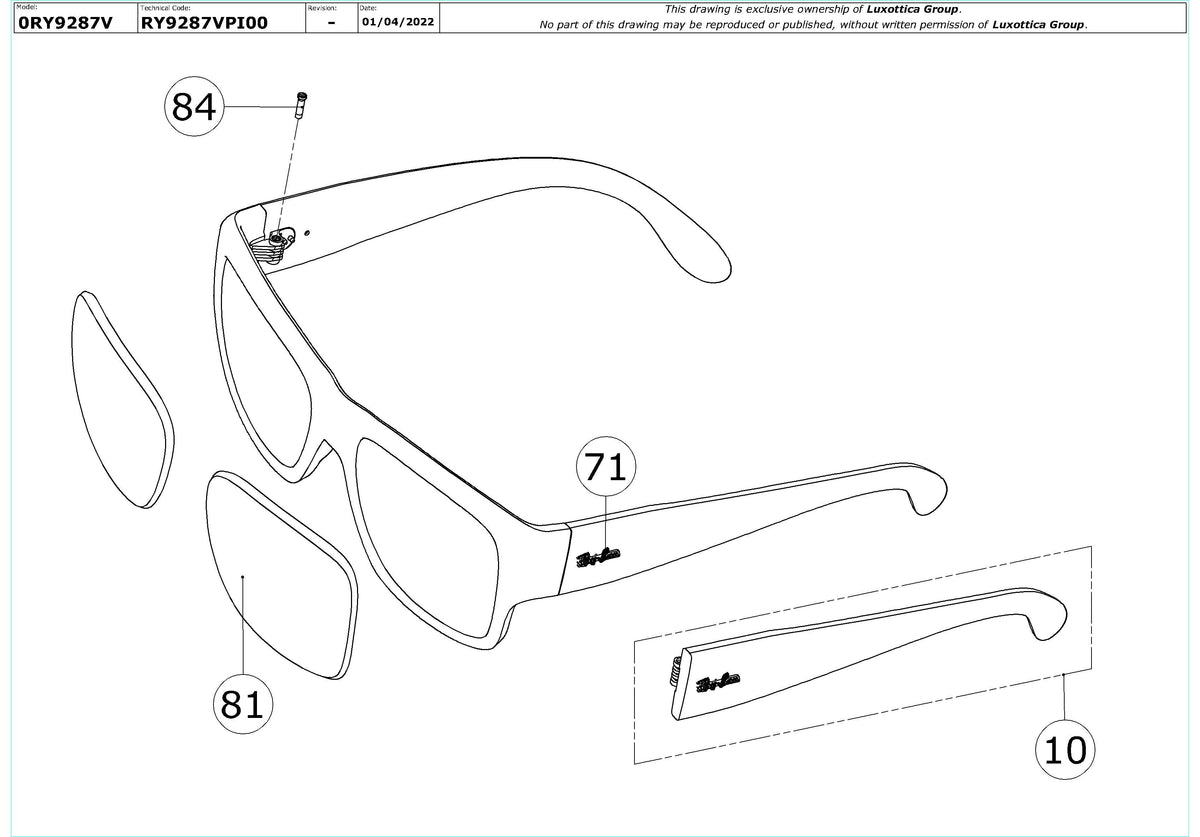 Enlarged technical drawing of the Ray-Ban Junior Wayfarer Nomad RY9287V Glasses Replacement Parts