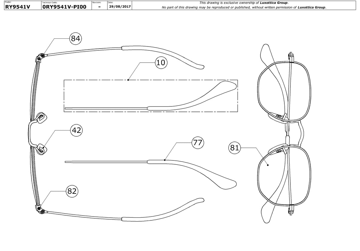 Exploded technical drawing of the Ray-Ban Junior Hexagonal RY9541V Glasses Replacement Parts, with each replacement part numbered