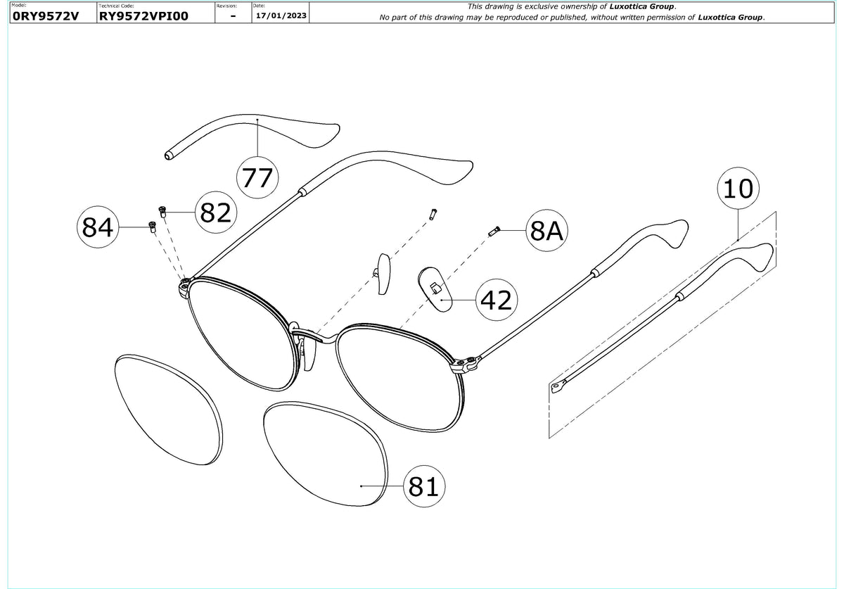 Enlarged technical drawing of the Ray-Ban Junior Rob RY9572V Glasses Replacement Parts