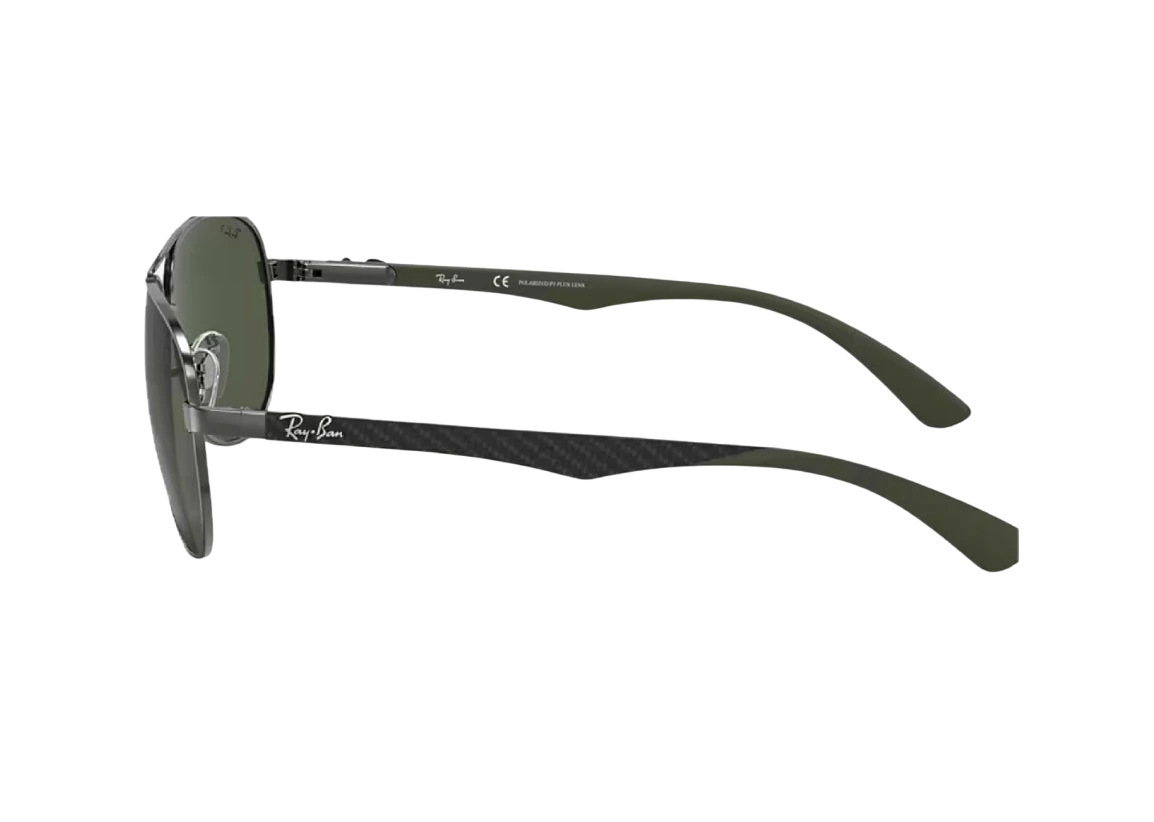 A pair of Rayban RB8313 sunglasses with green lenses and black carbon frames, showing the side profile of the glasses.