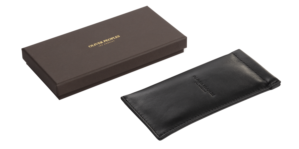 Oliver Peoples black leather glasses pouch with presentation box