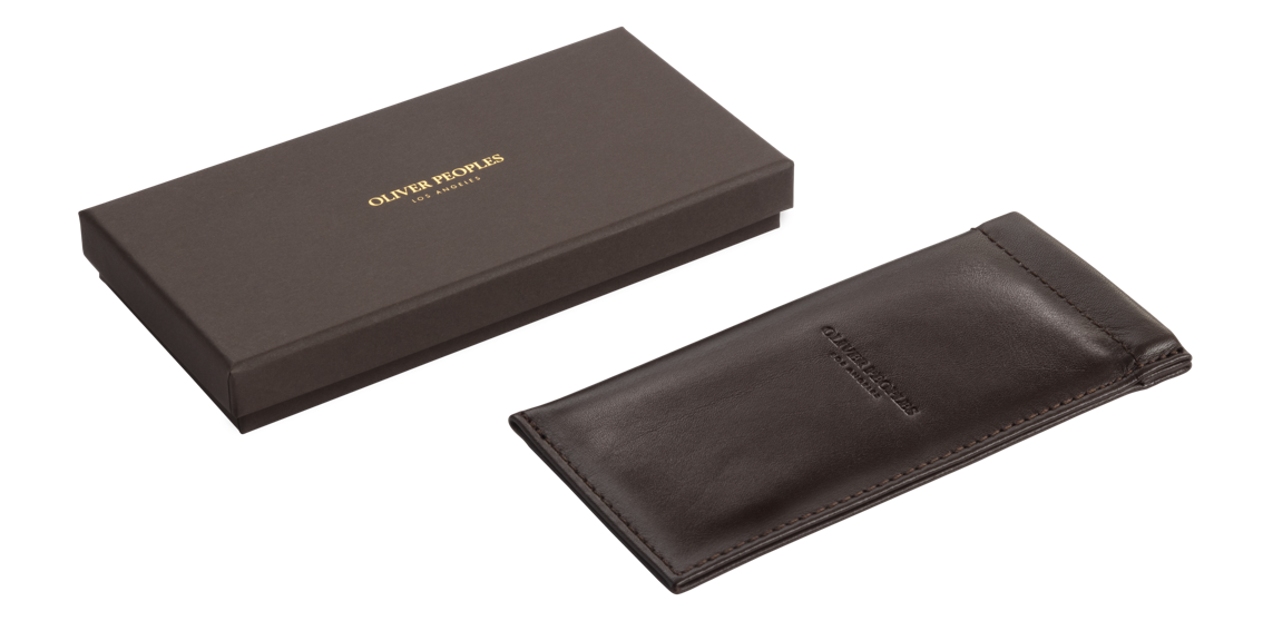Oliver Peoples brown leather glasses pouch with presentation box