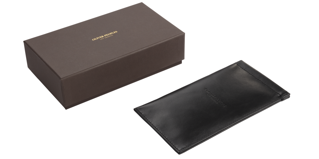 Oliver Peoples large black leather glasses pouch with presentation box