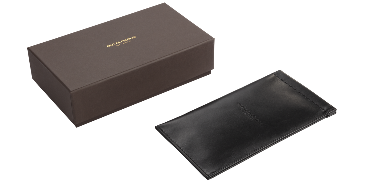 Oliver Peoples large black leather glasses pouch with presentation box