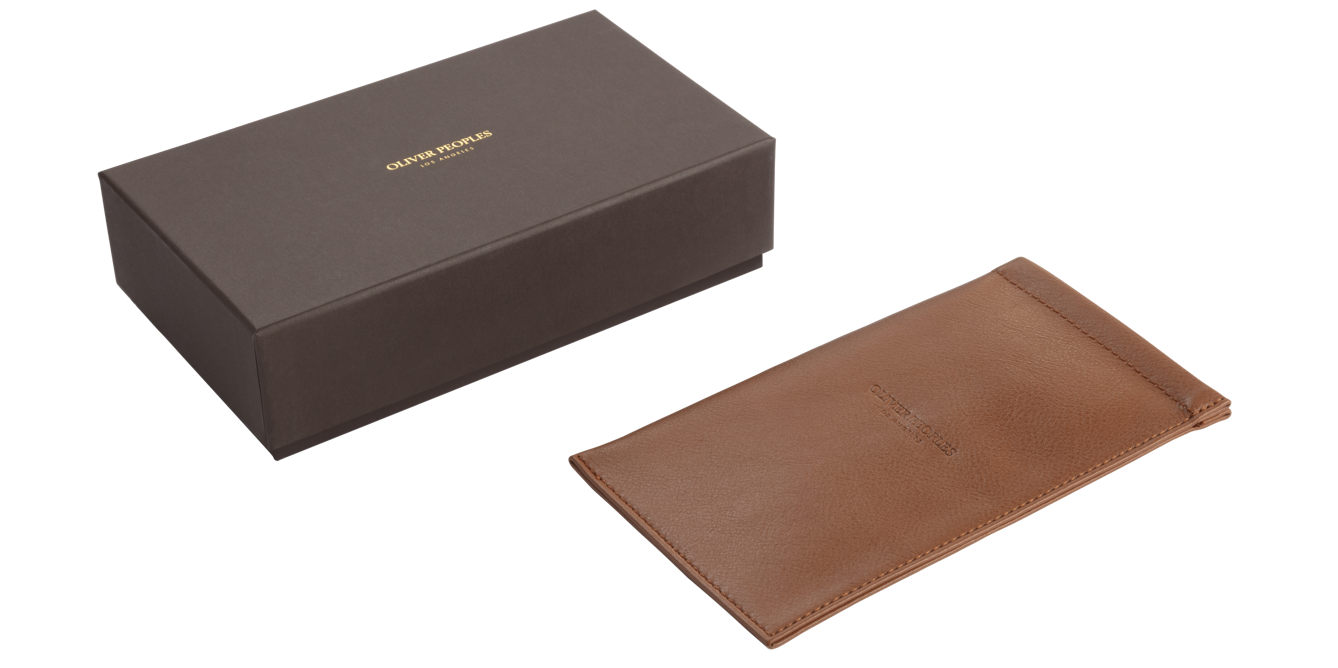 Oliver Peoples large cognac leather glasses pouch with presentation box